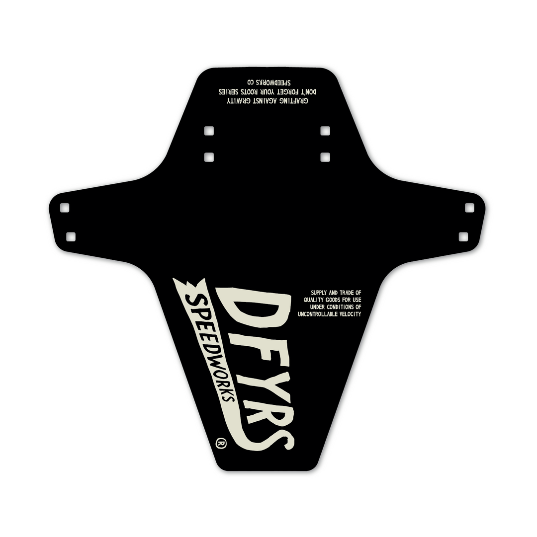 Black mudguard with 'DFYRS Speedworks' branding on a white background