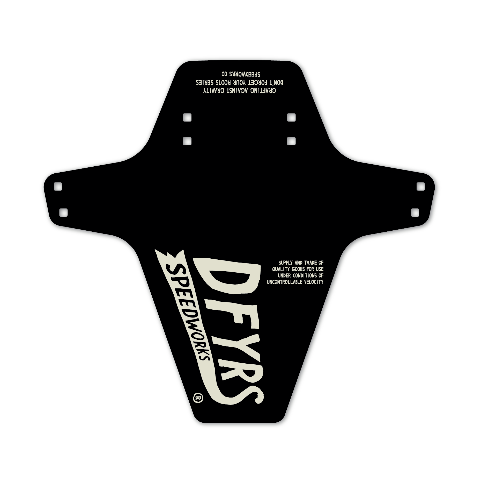 Black mudguard with 'DFYRS Speedworks' branding on a white background